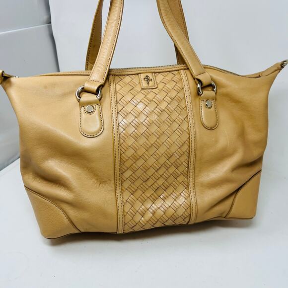 Cole Haan Smooth Leather Basket Weave Shoulder Bag Satchel Tan Gold - Picture 3 of 9